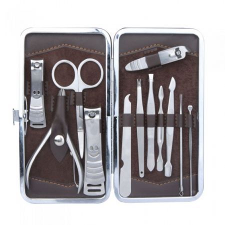 12pcs Manicure Pedicure Set Nail Care Scissors Clippers Tool Grooming Kit with Leather Case Tweezer Earpick Stainless Steel