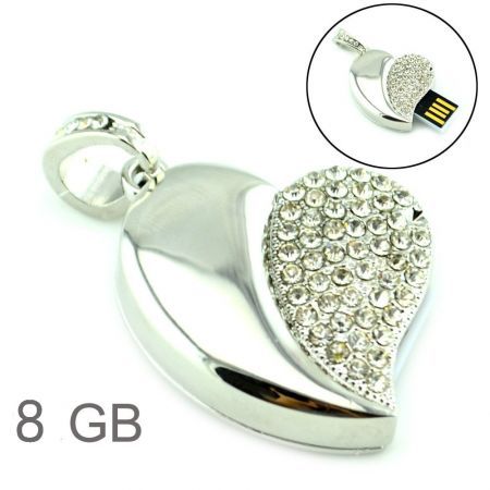 8GB USB Flash Drive Asymmetric Heart Pendant Half with Reflective Metal Mirror Surface Half with Silver Diamonds -Silver